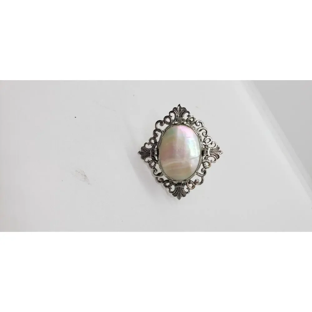 Vintage Whiting Davis Mother of Pearl Brooch Victorian Revival Silver Filagree
